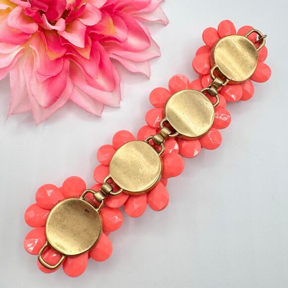 J. Crew Salmon Color Chunky Flower Bracelet Statement Signed Rhinestone Brass - Picture 8 of 13